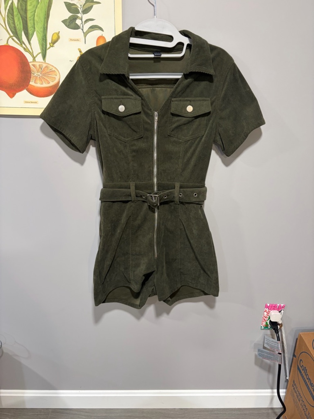 Olive Green Corduroy Zip-Front Short Sleeve Bodysuit